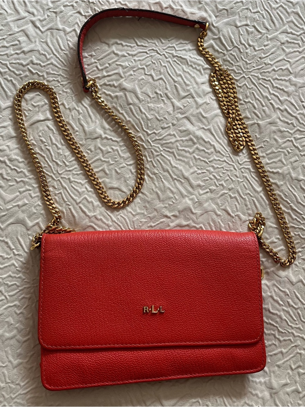Ralph Lauren Orange Pebbled Leather Chain Crossbody with Gold Hardware
